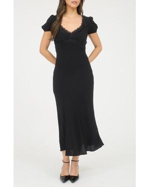 Blu Pepper Lace Trim Puff Sleeve Midi Dress - Black