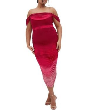 City Chic Ombré Ruched Square Neck Cap Sleeve Dress - Red