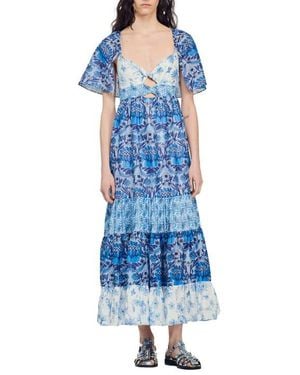 Sandro Short Sleeve Tiered Linen Blend Maxi Dress - Blue