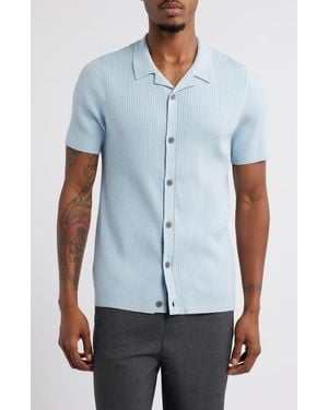 Open Edit Ribbed Short Sleeve Camp Collar Cardigan - Blue