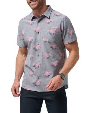 Travis Mathew Tip Me Over Leaf Print Short Sleeve Stretch Button-Up Shirt - Gray
