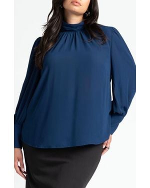 Eloquii Ruched Mock Neck Pullover Shirt - Blue