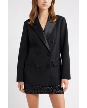 Open Edit Double Breasted Satin Trim Blazer - Black