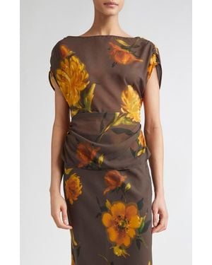 Lela Rose Floral Shirred Cap Sleeve Chiffon Top - Orange