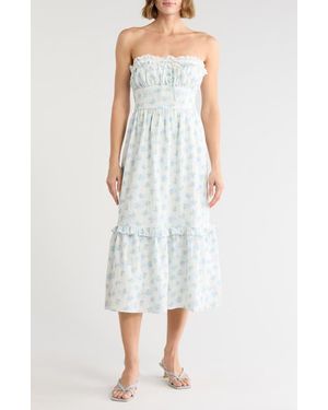 Lush Floral Strapless Ruffle Hem Midi Dress - White