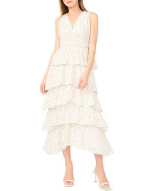 1.STATE Floral Sleeveless Cascade Ruffle Maxi Dress - Natural