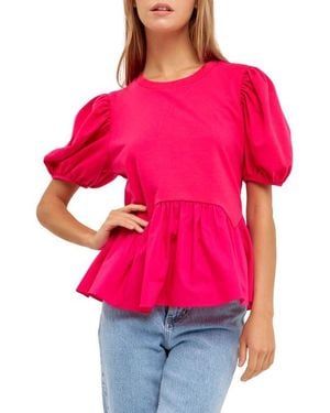 English Factory Mix Media Puff Sleeve Peplum Top - Pink