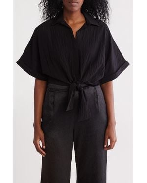 Pleione Textured Front Tie Popover Top - Black