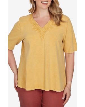 Ruby Rd. Embroidered Split Neck Slub Top - Yellow