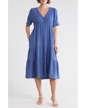 Madewell Lightspun Tiered Button Front Midi Dress - Blue