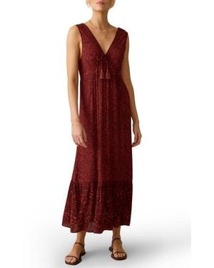 Faherty Eden Floral Print Ruffle Hem Sleeveless Maxi Dress - Red