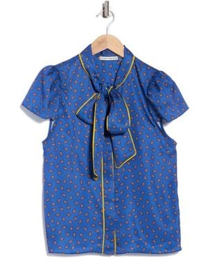 Alice + Olivia Jeannie Piped Tie Neck Top - Blue