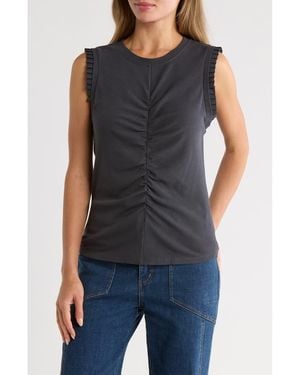 Democracy Ruched Rib Mixed Media Knit Top - Black
