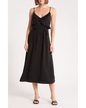 Bella Dahl Ruflfe Faux Wrap Removable Tie Belt Midi Dress - Black