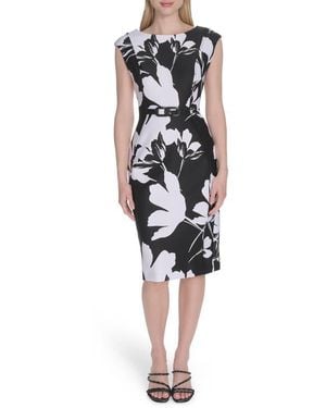 Calvin Klein Floral Print Chain Belt Sheath Dress - Black
