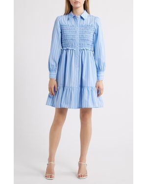 Eliza J Smock Bodice Long Sleeve Shirtdress - Blue
