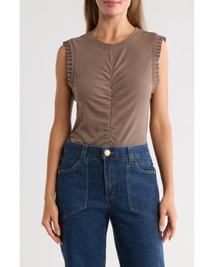Democracy Ruched Rib Mixed Media Knit Top - Blue