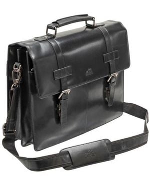 Mancini Double Compartment Flap Leather Briefcase - Black