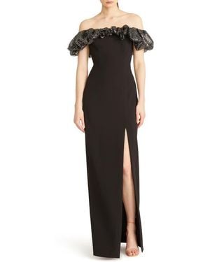 ML Monique Lhuillier Micaela Metallic Ruffle Crepe Sheath Gown - Black