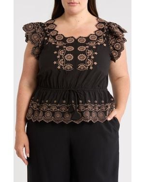Democracy Embroidered Eyelet Flutter Sleeve Peplum Top - Black