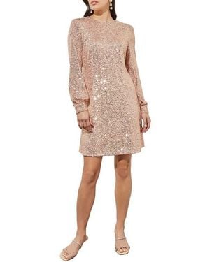 Ming Wang Sequin Long Sleeve Dress - Natural