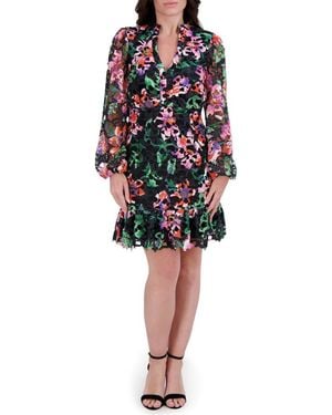 Kensie Printed Lace Long Sleeve Minidress - Black