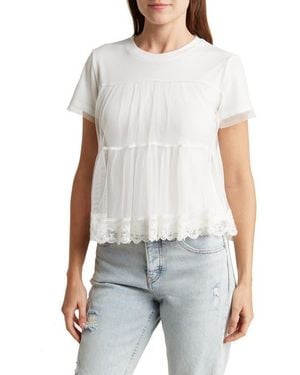 Wishlist Short Sleeve Embroidered Mesh Babydoll Top - White