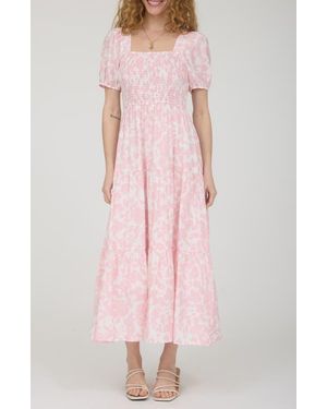 AUGUST SKY Puff Sleeve Smocked Midi Dress - Pink