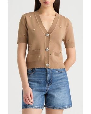 NVLT Faux Pearl Embellished Sweater Cardigan - Blue