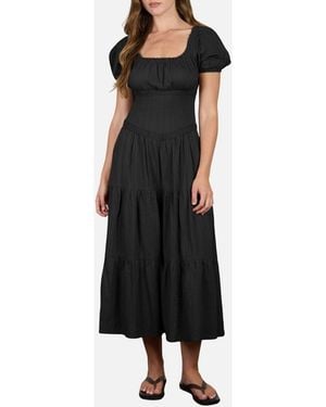 Blu Pepper Stripe Textured Puff Sleeve Tiered Midi Dress - Black