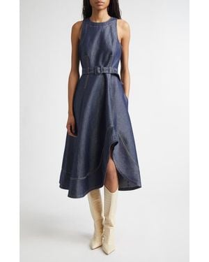 Cinq À Sept Zelda Sleeveless Belted Cotton Blend Denim Dress - Blue