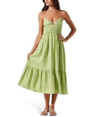 Astr Eleni Tiered Linen & Cotton Midi Dress - Green