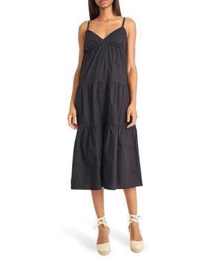 The Good Journey V-Neck Tiered Cotton Midi Dress - Black