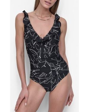 DKNY Ruffle Plunge Neck One-Piece Swimsuit - Black