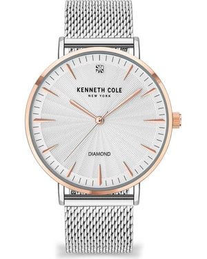 Kenneth Cole Three Hand Quartz Diamond Dial Mesh Strap Watch, 42Mm - Metallic