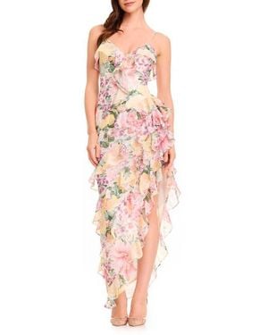 Dress the Population Josefina Metallic Floral Ruffle Detail Gown - Multicolor