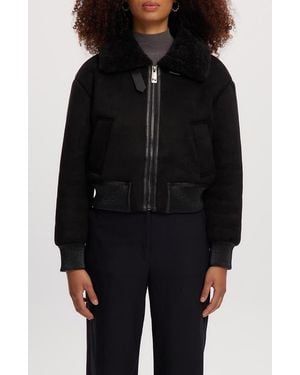 Noize Fannie Faux Fur Collar Faux Suede & Faux Leather Crop Bomber Jacket - Black
