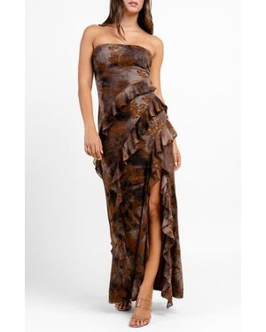 Beivy Strapless Tiered Ruffle Maxi Dress - Brown