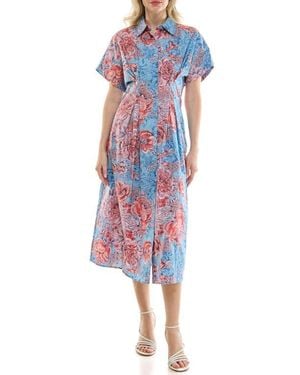 Nicole Miller Pintuck Waist Midi Shirtdress - Blue