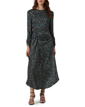 Astr Ruched Long Sleeve Midi Dress - Black