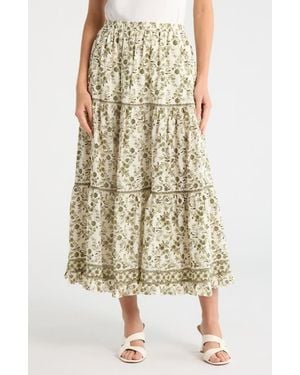 Max Studio Floral Wreath Print Tiered Cotton Blend Maxi Skirt - Natural