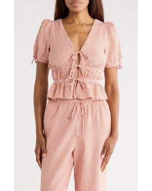 Wayf Gingham Short Sleeve Tie Front Top - Pink