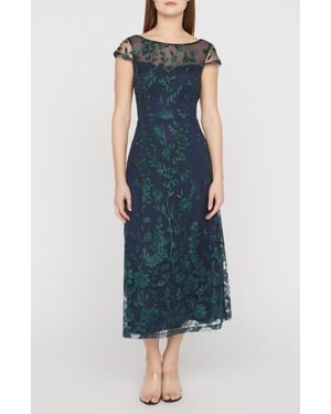 JS Collections Meredith Floral Embroidery A-Line Dress - Blue