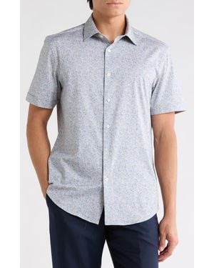 Bugatchi Floral Short Sleeve Stretch Cotton Button-Up Shirt - Blue