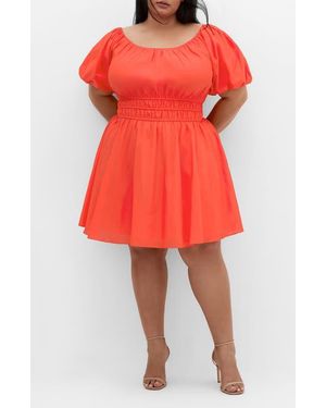 City Chic Lillian Puff Sleeve Cotton Fit & Flare Dress - Red