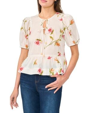 Cece Floral Puff Sleeve Cotton Peplum Top - White