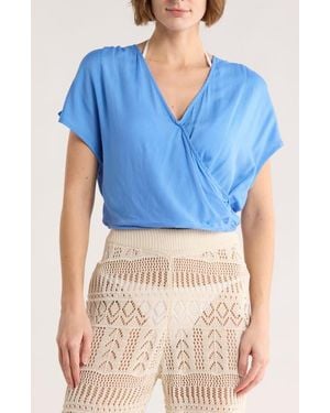 Elan Short Sleeve Faux Wrap Cover-Up Crop Top - Blue