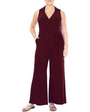 Nina Leonard Solid Tie Waist Jumpsuit - Red