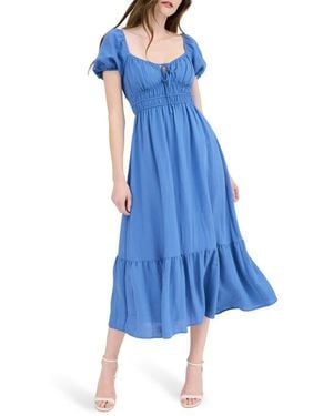 AUGUST SKY Puff Sleeve Midi Dress - Blue