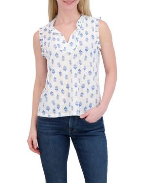 Lucky Brand Ruffle Split Neck Cotton Blend Tank - Blue